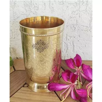 Pure Brass Glass Tumbler with Embossed Design, for Drinking Serving Water, Yoga & Ayurveda, Volume-270 ML, 1 Piece