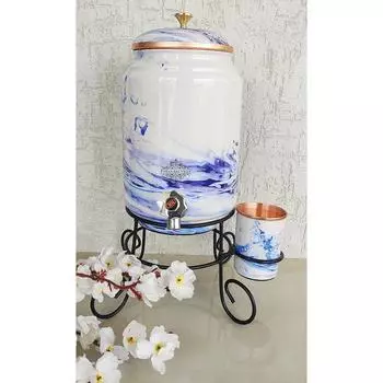 Pure Copper Aqua Blue Printed Design Water Pot Heavy Gauge with Brass Tap & Copper Glass & Stand, Storage & Serving Water, Volume- 5 Liters