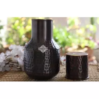 Pure Copper Bedroom Water Bottle with Inbuilt Glass, Ghada Design Traditional Antique Dark Finish - & Storage Purpose, Volume 1530 ml (Pack of 1)
