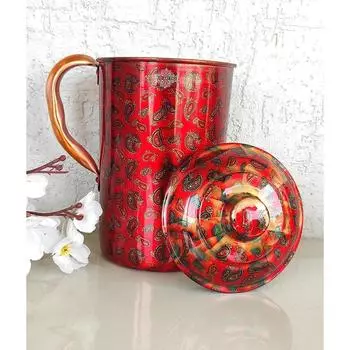 Pure Copper Jug with Red Mini Paisley Print, Serveware & Drinkware, Beneficial for Health, Volume-2000 ML