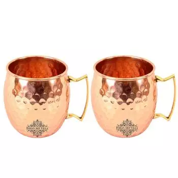 Pure Copper Round Shaped Shine Hammered Design Moscow Mule Beer Mug Cup, Best for Beer Cocktail Parties, Barware, Volume-530ML, Set of 2