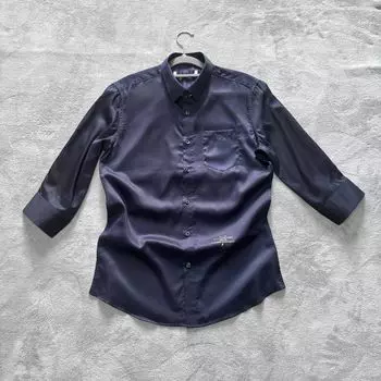 Pure Cotton! Glossy Forged Surface! High-Count Fine Yarn Tribute Forging! Super Slim! Lapel Shirt 7-Quarter Sleeve Shirt for Women Dark Blue 38