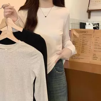 Pure cotton long-sleeved T-shirt for women, stretchy slim round neck tight inner, simple and versatile autumn and winter bottoming shirt top S