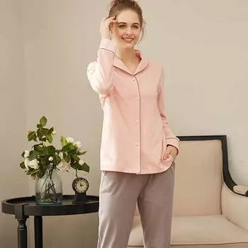 Pure Cotton Pajamas for Women s Breathable Soft Sleepwear Long Sleeved Cardigan Pants Home Wear Set Autumn Female Nightwear S розовый