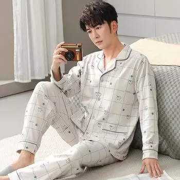 Pure Cotton Pajamas Set for Men 2025 Spring Autumn Letter Print Long-sleeve Trousers Men s Cardigan Pyjamas Casual Loose Sleepwear Loungewear Suit L