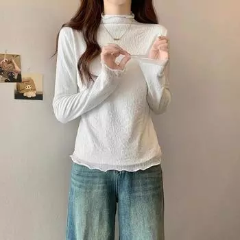 Pure desire half-high collar long-sleeved bottoming shirt T-shirt women s autumn and winter design plus velvet thickened lace inner top S