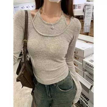 Pure desire halterneck fake two-piece long-sleeved T-shirt for women 2024 autumn slim slimming bottoming shirt with short top S