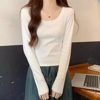 Pure Desire Hot Girl White Right Shoulder Long Sleeve T-Shirt Women s Autumn New Fashion Casual Versatile Short Top for Little People S