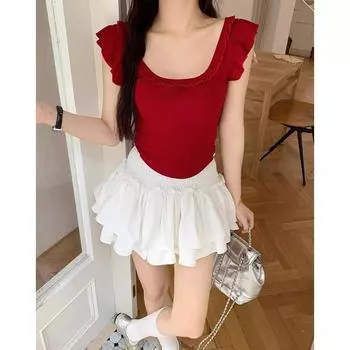 Pure Desire Sexy Red Backless Short-Sleeved T-Shirt Women s Summer Slim-fitting Low-neck Exposed Collarbone Bow Chic Top S