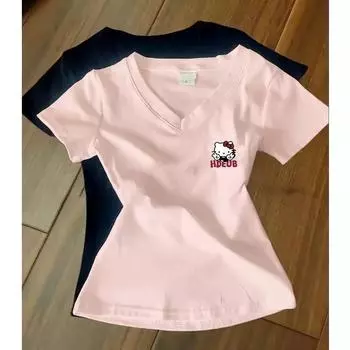 Pure Desire Slim Looking Student V-neck Shoulder Short Sleeve T-Shirt Female Milk Blue Dopamine Wear Match Slim-Fitting Simple Tops Female 9951 pink-HD cat S [Suggested 37.50 kg-47.50 kg]]