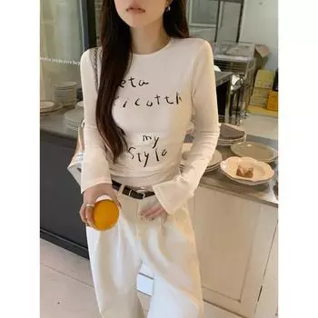 Pure Desire White Letter Printed Round Neck Long Sleeve T-shirt Women s Early Autumn Design Slim Fit Bottoming Top S