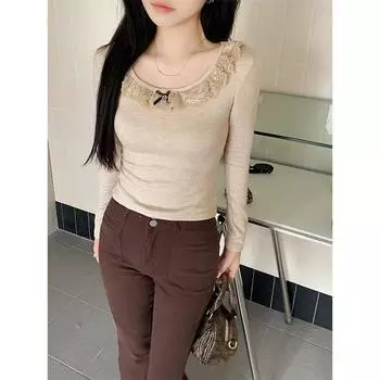 Pure lust style oatmeal color U-neck bottoming shirt for women with spring slim-fit lace top large neckline long-sleeved T-shirt S