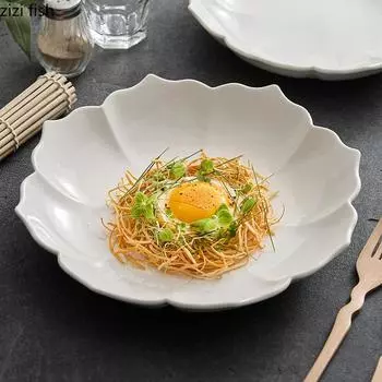 Pure White Ceramic Petal Deep Plate High Beauty Salad Plate Dessert Snack Plate Pasta Plates Molecular Food Specialty Tableware