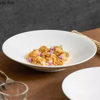 Pure White Ceramic Vegetable Salad Plate Round Deep Plate Thick Soup Plate Pasta Fruit Plates Restaurant Specialty Tableware
