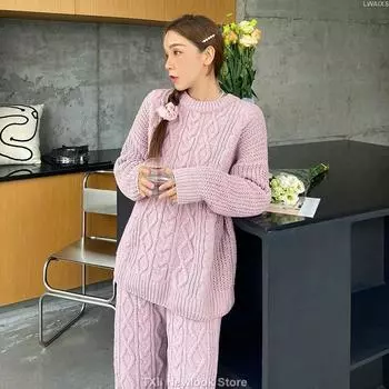 Purple and Orange Pajamas Set Sweet Flower Pajamas for Women, Winter Season, Thick Coral Fleece, Half-sleeve Robe Set One Size розовый