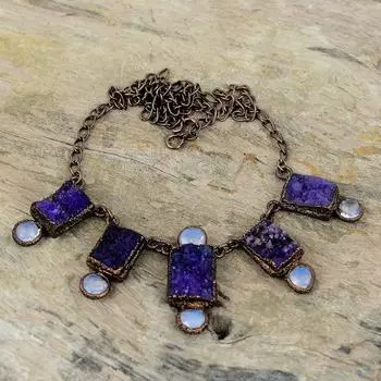 Purple Druzy Gemstone Necklace Electroformed Copper Necklace Adjustable Chain Necklace Handmade Electroformed Jewelry Milky Opal Necklace