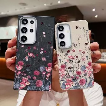 Purple Flower Pattern Leather Texture Case for Samsung S24 S22 Ultra S23 S21 S20 Fe A55 A54 A53 A52 A35 A34 A15 Shockproof Soft Tpu Slim Cover Samsung S24 FE чёрный