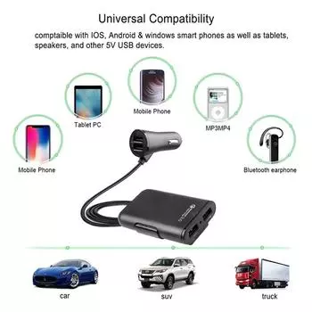 QC3.0 5,6-футовый удлинительный кабель с 4 портами USB для быстрой зарядки iPhone 12 и мобильного видеорегистратора Xiaomi чёрный