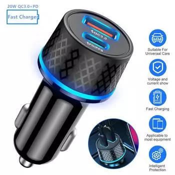 QC3.0 Car Charger 20W USB+PD Type-c Fast Charging Cigarette Lighter Charger Adapter With LED Light Car Accessories