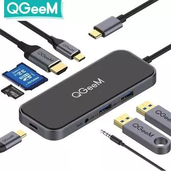 QGeeM 8 портов USB C Hub для Macbook Pro Air Type C Hub 3,0 Адаптер TF SD 3,5 мм PD Aux HDMI Type C Hub для iPad Pro ПК Разветвитель док-станции 8-in-1 HUB чёрный