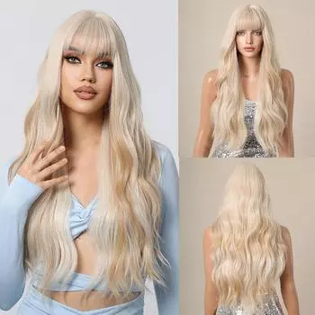 Qi Bangs Platinum Barbie Wind Big Wave Длинные вьющиеся волосы Пушистый парик для лица Полный головной убор Парик lc1108-1