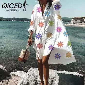 QICED летнее и осеннее модное темпераментное платье-рубашка, юбка-миди