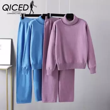 QICED Модный костюм с высоким воротом для осени и зимы в однотонных тонах универсален и его можно носить с двухкомпонентным трикотажным топом и повседневными брюками. One Size