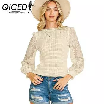 QICED О-образный вырез с вырезом для женщин Осенняя мода Hundred Pineapple Grace Spliced Sleeve Pullover для женщин S слоновая кость
