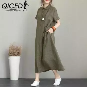 QICED однотонное хлопково-льняное женское повседневное платье с короткими рукавами и карманами