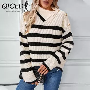 QICED Striped Lapel Pullover for Women s Knitwear Autumn Winter Casual Button Up Sweater S абрикосовый