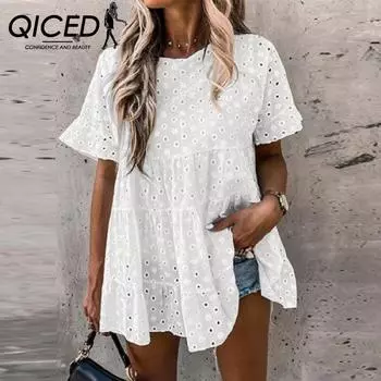 QICED весна-лето женская вышитая юбка с коротким рукавом и круглым вырезом для пляжа S жёлтый