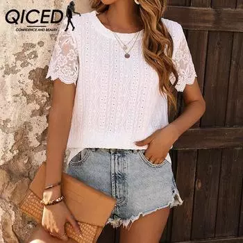 QICED Весенне-летняя кружевная футболка с вышивкой, топ, женская блузка, однотонный пуловер с круглым вырезом, футболка для женщин S белый