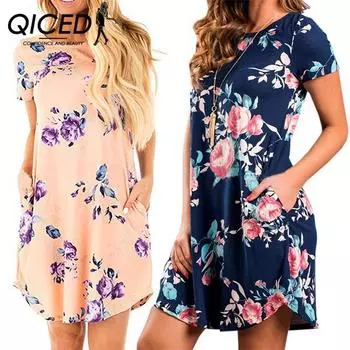 QICED женское модное короткое летнее платье с цветочным принтом, свободные повседневные платья с коротким рукавом и круглым вырезом S белый