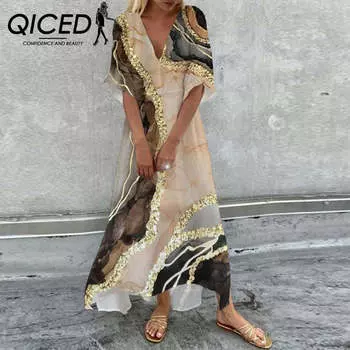 Женское платье QICED Trend Positioning с принтом, V-образным вырезом и пятью рукавами S