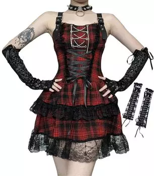 QOOLY Cosplay Gothic Lolita Checkered Stage Red L Costume, Dress, Women s, Pattern, Lace, Red, Halloween, Event, Costume, A,