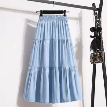 Qooth Patchwork Simple Casual Pleated Skirt Ankle Length Skirt Elegant Blue Skirt QT2158 Free Size светло-синий