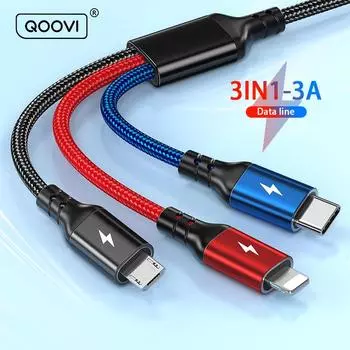 QOOVI Кабель для быстрой зарядки 3 в 1, Micro USB/Type-C/Lightning 1.2M чёрный