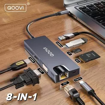 QOOVI USB C Hub Тип C-HDMI-совместимый 4K 60 Гц RJ45 PD 100 Вт Адаптер 8 в 1 для Macbook Ethernet Разветвитель сетевой док-станции