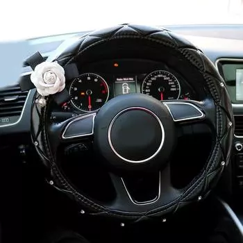 Quality Leather Cartoon Flower Steering Wheel Covers Crystal Studded Rhinestone Car Steering-Wheel Cover Cases For Girls Womens