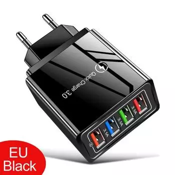 Quick Charge 3.0 4-портовое зарядное устройство USB с европейской вилкой для Samsung S21 S20 FE Ultra S10 S9 Plus Note 20 10 Ultra Wall Phone Fast Charger Black