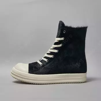 R-o Classic Men Shoe Black Horse Hair Boots Women Shoes High Top Sneaker Black Horsehair Ankle Boot Zipper Outside Sneakers 34