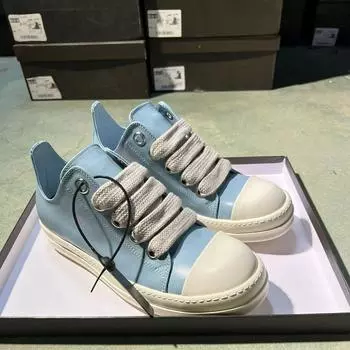 R-o Outdoor Men Sneaker Blue Leather Low Top Shoe Jumbo Laces Women Casual Shoes Classic Thick Sole Wathet Cowhide Sneakers 34