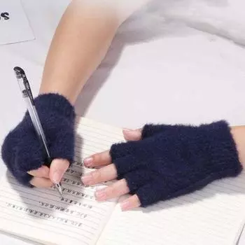 Rabbit Fur Half Finger Driving Gloves Five Finger Winter Mittens Elegant Plush Gloves Outdooor темно-синий