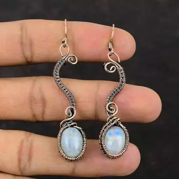 Радужные серьги с лунным камнем, серьги из медной проволоки, ювелирные изделия ручной работы с лунным камнем, серьги с драгоценными камнями, медная проволока, завернутая в ювелирное изделие, подарок для нее