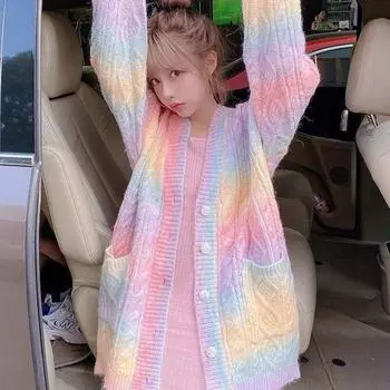 Радужный вязаный кардиган, женский осенне-зимний милый свитер Kawaii, пальто, женский длинный корейский кардиган на пуговицах, осенний женский