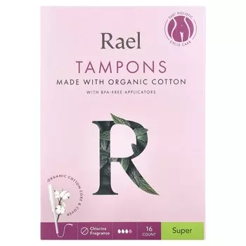 Rael, органические хлопковые тампоны, супер, без отдушек, упаковка 16 шт.