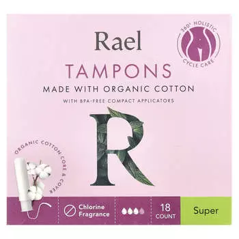 Rael, органические хлопковые тампоны, супер, без отдушек, 18 штук