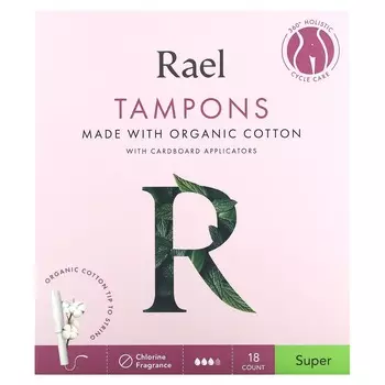 Rael, тампоны из органического хлопка и картонный аппликатор, супер, 18 шт. в упаковке