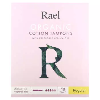 Rael, тампоны из органического хлопка и картонный аппликатор, стандартные, упаковка 18 шт.