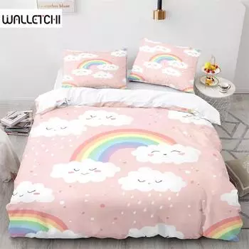 Rainbow Duvet Cover Set Colourful Rainbow White Cloud Pattern Cute Kawaii Polyester Comforter Cover King Queen Size For Girls EU single(135x200cm)